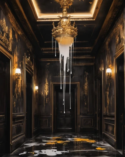 luxury decay,chandelier,floor fountain,hallway,luxury bathroom,marble palace,versailles,the threshold of the house,ornate room,hall of the fallen,dark cabinetry,empty hall,neoclassical,tisci,empty interior,hallway space,gold paint stroke,marble,corridor,floors,Conceptual Art,Graffiti Art,Graffiti Art 08