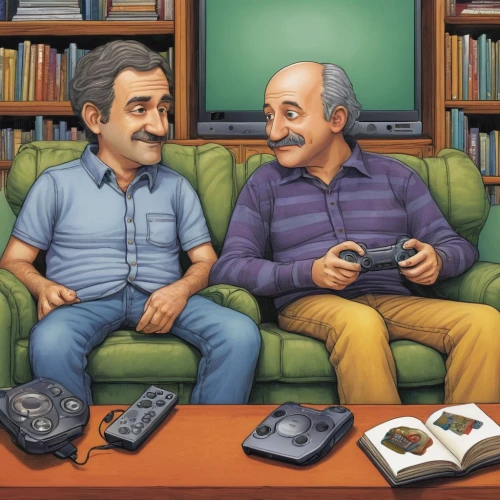 game illustration,playstation 2,game consoles,consoles,old couple,gamers,game console,video gaming,nintendo switch,nintendo gamecube,playstation,home game console accessory,nintendo,wii u,psp,games console,grandparents,gaming console,sony playstation,men sitting,Illustration,Children,Children 03