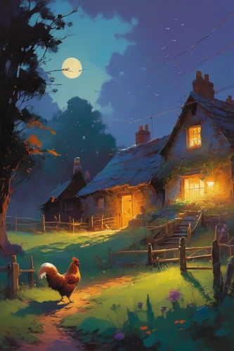 night scene,evening atmosphere,summer evening,witch's house,lonely house,summer cottage,home landscape,country cottage,cottage,village life,red barn,little house,moonlit night,farmstead,in the evening,moonshine,early evening,old home,the evening light,witch house,Conceptual Art,Sci-Fi,Sci-Fi 22