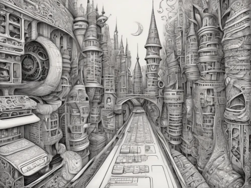 sci fiction illustration,book illustration,fantasy city,ancient city,book pages,3d fantasy,fantasy art,bookshelves,hand-drawn illustration,books,city cities,bookstore,bookshop,book store,apothecary,fantasy world,landmarks,labyrinth,pencil drawings,book wall,Illustration,Black and White,Black and White 11