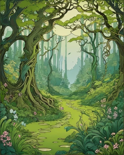 fairy forest,elven forest,forest glade,druid grove,forest path,forest background,forest floor,forest landscape,the forest,cartoon forest,fairytale forest,enchanted forest,tree grove,mushroom landscape,green forest,the forests,forest,swampy landscape,woodland,forest of dreams,Illustration,Retro,Retro 13