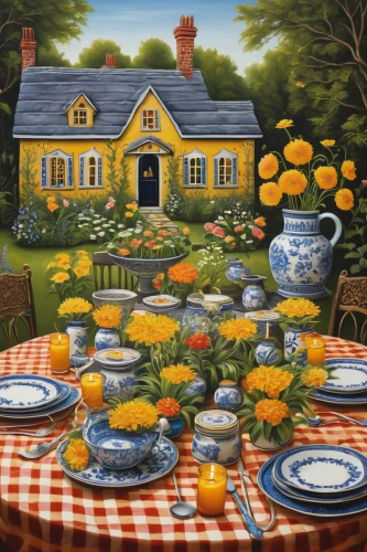 country cottage,cottage garden,tearoom,summer cottage,cream tea,carol colman,cottage,home landscape,yellow garden,kitchen table,tea party collection,tea party,breakfast table,farmhouse,country house,woman house,afternoon tea,house painting,cottages,the garden marigold,Illustration,Abstract Fantasy,Abstract Fantasy 12