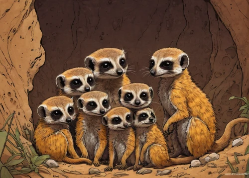 meerkats,lemurs,slow loris,ring-tailed,coatimundi,sifaka,owlets,anthropomorphized animals,raccoons,pandas,arrowroot family,pygmy slow loris,mustelidae,monkey family,family outing,antelope squirrels,family portrait,primates,gibbon 5,madagascar,Illustration,American Style,American Style 06