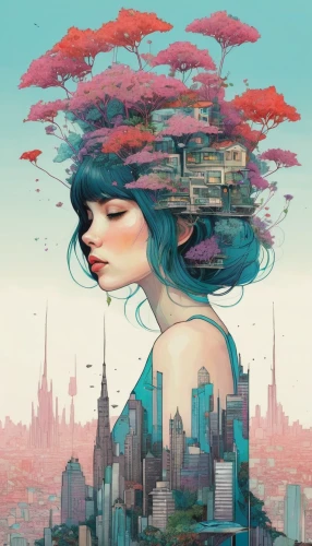 sci fiction illustration,fantasy city,sky city,transistor,skyscraper,skycraper,sky rose,other world,bell jar,cityscape,cyberpunk,city ​​portrait,cities,daydream,the pollution,cosmos wind,surrealistic,psychedelic art,weightless,fantasy world,Illustration,Paper based,Paper Based 19