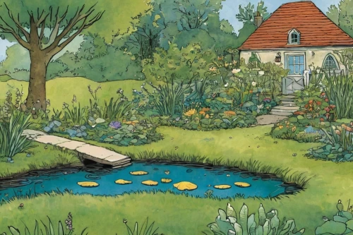 garden pond,pond plants,lilly pond,lily pond,cottage garden,wishing well,pond,pond flower,fish pond,the garden society of gothenburg,vegetable garden,pond frog,l pond,permaculture,the garden,fairy village,fairy door,children's fairy tale,gardening,summer cottage,Illustration,Vector,Vector 04