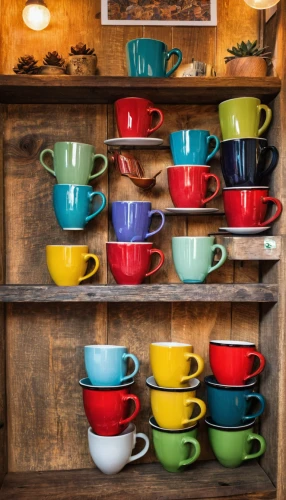 coffee mugs,coffee cups,wooden buckets,tea cups,blue coffee cups,stacked cups,printed mugs,consommé cup,dishware,plate shelf,kitchenware,cups of coffee,vintage dishes,dish storage,teacup arrangement,cups,mugs,yellow cups,wooden shelf,teacups,Conceptual Art,Oil color,Oil Color 17