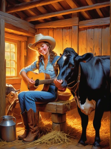 domestic cattle,cow boy,beef cattle,country-western dance,livestock,livestock farming,mother cow,tender beef,countrygirl,country song,cattle show,cattle dairy,blue bell,black angus,young cattle,bovine,farm girl,dairy cattle,galloway cattle,dairy cow,Illustration,Realistic Fantasy,Realistic Fantasy 32