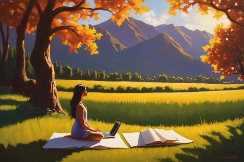 autumn idyll,girl studying,autumn background,writing-book,idyll,one autumn afternoon,landscape background,world digital painting,art painting,little girl reading,idyllic,autumn landscape,autumn scenery,indian summer,fall landscape,read a book,publish a book online,oil painting on canvas,turn the page,photo painting,Conceptual Art,Daily,Daily 12