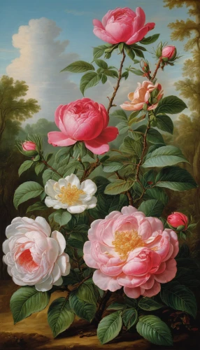 camellias,noble roses,rosa zephirine drouhin,rosa-sinensis,landscape rose,rosa caninas,camellia,rosa dumalis,rosa gallica,rosa omeiensis,lady banks' rose ,lady banks' rose,rococo,rosa palustris,pink roses,camelliers,rosa canina,bella rosa,garden roses,rosa,Art,Classical Oil Painting,Classical Oil Painting 36