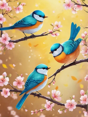 blue birds and blossom,flower and bird illustration,birds on a branch,spring background,birds on branch,spring leaf background,springtime background,colorful birds,songbirds,bird painting,spring bird,flower background,garden birds,japanese floral background,humming birds,japanese sakura background,bird flower,bird couple,spring greeting,small birds,Illustration,Japanese style,Japanese Style 19