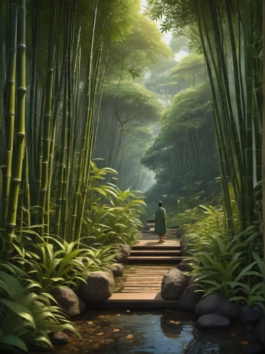 bamboo forest,hawaii bamboo,bamboo plants,bamboo,green forest,forest path,world digital painting,pathway,japan landscape,the mystical path,forest landscape,green landscape,hiking path,tropical greens,greenforest,green waterfall,the path,rainforest,bamboo flute,tsukemono,Illustration,Realistic Fantasy,Realistic Fantasy 44
