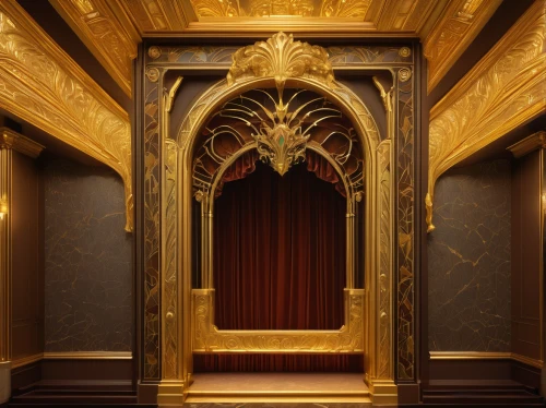theater curtain,theater curtains,theatre curtains,gold wall,the throne,art deco,stage curtain,gold stucco frame,mouldings,armoire,warner theatre,movie theater,elevators,throne,corinthian order,theater stage,movie palace,patterned wood decoration,ornate room,theatrical property,Illustration,Realistic Fantasy,Realistic Fantasy 03