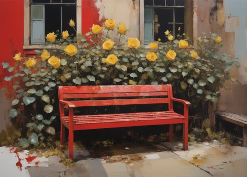yellow rose on red bench,red bench,carol colman,garden bench,yellow garden,flowerbox,flower box,park bench,yellow roses,flower boxes,carol m highsmith,outdoor bench,brook avens,bench,corner flowers,yellow bells,flower stand,flower shop,yellow rose on rail,red-yellow rose,Conceptual Art,Oil color,Oil Color 01