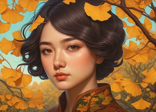 fantasy portrait,golden autumn,yellow leaves,autumn icon,oriental girl,gold leaves,autumn gold,jasmine blossom,rosa ' amber cover,portrait background,geisha,autumn leaves,digital painting,golden leaf,mulan,gingko,oriental princess,autumn flower,ginko,yellow petals,Conceptual Art,Daily,Daily 25