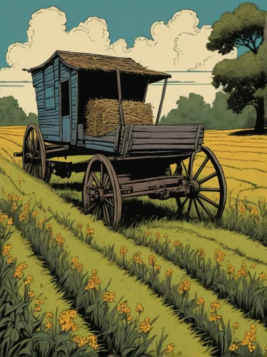 straw cart,straw carts,farm tractor,agricultural machine,old wagon train,wooden wagon,tractor,farming,suitcase in field,covered wagon,aggriculture,flower cart,harvester,bed in the cornfield,old tractor,prairie,yellow sweet clover,agricultural,straw field,cornfield,Illustration,Vector,Vector 15