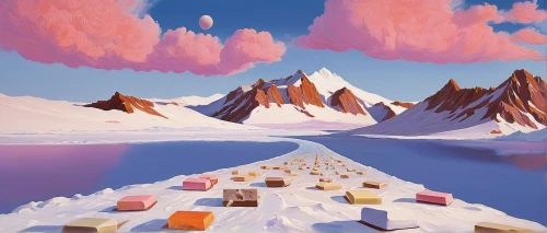 ice landscape,salt desert,icebergs,coconut cubes,salt meadow landscape,cubes,snow mountains,sugar cubes,blocks of cheese,glaciers,pink squares,futuristic landscape,cheese cubes,frozen dessert,popsicles,pink ice cream,arctic,antarctic,desert,virtual landscape,Conceptual Art,Sci-Fi,Sci-Fi 16