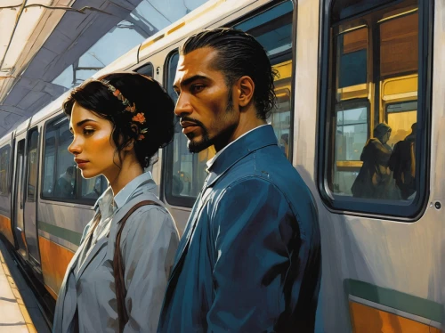 the girl at the station,oil painting on canvas,skytrain,train of thought,last train,two people,connections,train,long-distance train,streetcar,transit,sci fiction illustration,oil on canvas,early train,train ride,sky train,oil painting,the train,yellow line,trains,Illustration,Realistic Fantasy,Realistic Fantasy 06