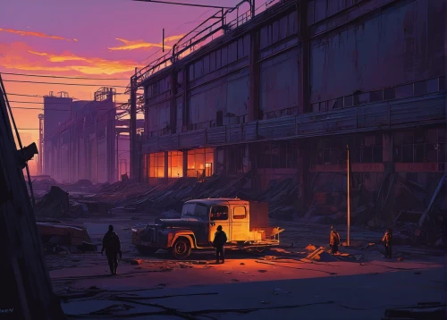 post-apocalyptic landscape,suburb,parking lot,industrial landscape,junkyard,post apocalyptic,factories,wasteland,factory,scrap yard,refinery,scrapyard,slums,empty factory,post-apocalypse,gas station,warehouse,gas-station,convenience store,lost place,Conceptual Art,Fantasy,Fantasy 19