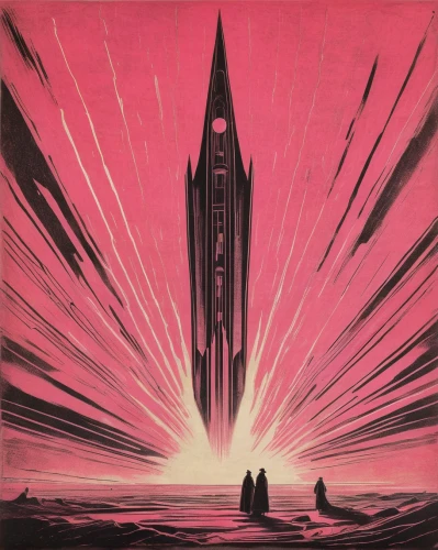 atomic age,spacecraft,launch,space ships,1965,cosmonautics day,space port,1952,rockets,space voyage,ervin hervé-lóránth,monolith,obelisk,missile,mission to mars,spaceships,1967,vintage illustration,spire,space craft,Illustration,Black and White,Black and White 23