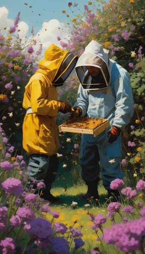 beekeepers,beekeeping,beekeeper,bee keeping,picking flowers,bee-keeping,bee farm,bees,honeybees,flower painting,painting technique,bee colony,honey bees,beekeeper plant,pollinate,bumblebees,oil painting on canvas,two bees,swarm of bees,pollinating,Conceptual Art,Sci-Fi,Sci-Fi 01