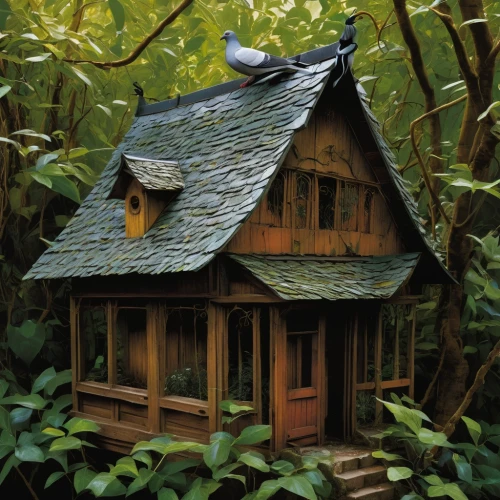 wooden birdhouse,bird house,birdhouse,bird home,pigeon house,fairy house,birdhouses,miniature house,house in the forest,insect house,little house,garden shed,wood doghouse,wooden house,model house,a chicken coop,wooden hut,children's playhouse,dovecote,tree house,Illustration,Realistic Fantasy,Realistic Fantasy 29