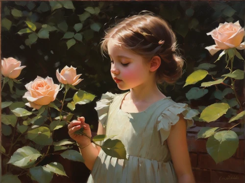 girl picking flowers,girl in flowers,girl in the garden,bibernell rose,flower painting,oil painting,scent of roses,flower girl,young girl,rose woodruff,holding flowers,picking flowers,spray roses,oil painting on canvas,carol m highsmith,child portrait,garden roses,carol colman,hedge rose,rosa peace,Conceptual Art,Oil color,Oil Color 12