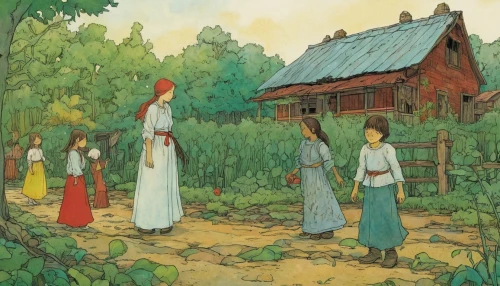 village scene,pilgrims,khokhloma painting,korean folk village,folk costumes,hanbok,forest workers,monks,villagers,xinjiang,village festival,village life,korean village snow,luo han guo,traditional village,arrowroot family,han bok,in xinjiang,school children,in the early summer,Illustration,Realistic Fantasy,Realistic Fantasy 04