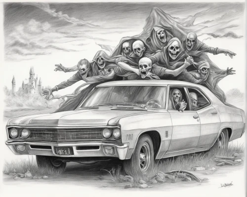 ghost car rally,old halloween car,ghost car,station wagon-station wagon,ecto-1,pontiac tempest,witch driving a car,halloween car,skull racing,hatchback,zombies,muscle car cartoon,car cemetery,family car,car drawing,caravan,purgatory,mazda familia,halloween ghosts,wagons,Illustration,Black and White,Black and White 30