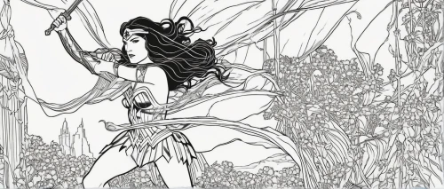 huntress,mono-line line art,line-art,arrow line art,dryad,mono line art,swordswoman,background ivy,lineart,the enchantress,line art,rusalka,female warrior,pencils,warrior woman,dark elf,line drawing,game drawing,tarzan,halloween line art,Illustration,Black and White,Black and White 24