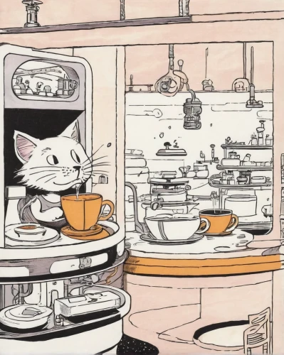 cat drinking tea,cat's cafe,tea party cat,cat coffee,coffee tea illustration,dishes,domestic cat,teacup,kitchen,teatime,big kitchen,tearoom,vintage cats,dish,in the dish,coffee tea drawing,kitchen stove,retro diner,vintage cat,the kitchen,Illustration,Children,Children 02