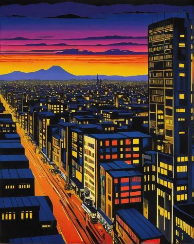 tokyo city,tokyo,kumamoto city,evening city,shinjuku,aso kumamoto sunrise,colorful city,city scape,japan's three great night views,yokohama,japan landscape,cityscape,rising sun,osaka,skyline,city in flames,osaka bay,shirakami-sanchi,city skyline,umeda,Illustration,Retro,Retro 05