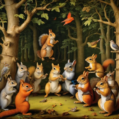 woodland animals,cartoon forest,squirrels,fox hunting,whimsical animals,fox stacked animals,hunting scene,fox and hare,forest animals,hare trail,foxes,rabbits and hares,anthropomorphized animals,acorns,kangaroo mob,peter rabbit,the pied piper of hamelin,chestnut forest,hare field,hares,Art,Classical Oil Painting,Classical Oil Painting 34