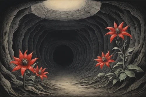 flowers png,lava tube,illustration of the flowers,catacombs,tunnel of plants,night-blooming cactus,wild tulips,tulips,tulipa,flower illustrative,red tulips,flower illustration,secret garden of venus,amaryllis,underground,tulip flowers,hollow way,tulip background,forest anemone,two tulips,Illustration,Black and White,Black and White 23