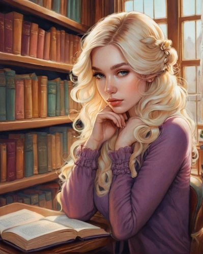 rapunzel,librarian,fantasy portrait,girl studying,emile vernon,bookworm,fantasy picture,elsa,reading,fantasy art,blonde woman,blond girl,blonde girl,fairy tale character,tutor,mystical portrait of a girl,fantasy woman,romantic portrait,fantasy girl,author,Illustration,Abstract Fantasy,Abstract Fantasy 11