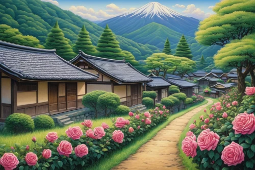 japan landscape,japanese floral background,japanese art,japanese background,home landscape,japanese sakura background,landscape background,beautiful japan,japanese mountains,flower painting,japan garden,mountain scene,sakura trees,sake gardens,cool woodblock images,japan,mountain village,floral japanese,oriental painting,rural landscape,Illustration,Realistic Fantasy,Realistic Fantasy 41