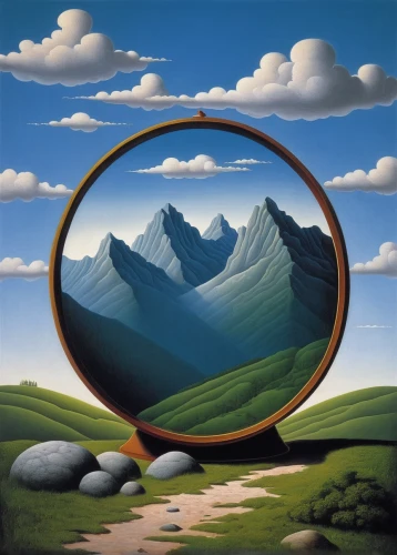 parabolic mirror,cloud shape frame,mirror in the meadow,parallel worlds,optical illusion,morning illusion,surrealism,optical ilusion,porthole,spherical image,circle shape frame,el salvador dali,circular puzzle,oval frame,magnifying,round frame,looking glass,magic mirror,surrealistic,the mirror,Art,Artistic Painting,Artistic Painting 06