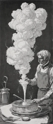 mushroom cloud,woman holding pie,tureen,saucer,aligot,cookery,flying saucer,pouring tea,syllabub,culinary art,atomic bomb,cooking book cover,whipping cream,cheesemaking,baron munchausen,nuclear explosion,brauseufo,pleurotus eryngii,skillet,baking powder,Illustration,Black and White,Black and White 28
