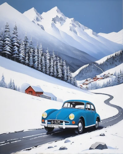 alpine style,morris minor,trabant,alpine,morris minor 1000,alpine drive,volvo amazon,renault alpine,austin a40 devon,austin a40 farina,snow scene,saab 96,tatra,alpine route,porsche 356,austin a30,austin a35,aronde,renault 4cv,tatra 77,Art,Artistic Painting,Artistic Painting 29