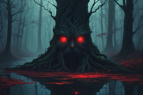 creepy tree,haunted forest,devilwood,forest dark,supernatural creature,forest animal,black forest,dark art,rooted,forest tree,red eyes,bayou,fire red eyes,strange tree,holy forest,dead tree,red riding hood,mirror of souls,mystery book cover,the forest fell,Conceptual Art,Fantasy,Fantasy 32