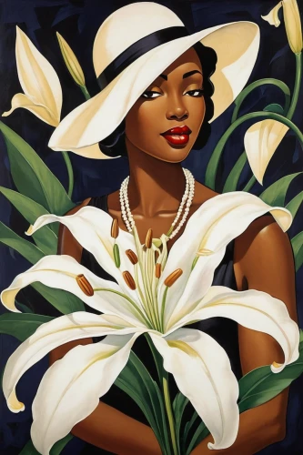 lily of the nile,gardenia,david bates,easter lilies,art deco woman,cape jasmine,a beautiful jasmine,rose woodruff,lillies,day lilly,madonna lily,sarah vaughan,west indian jasmine,lilies of the valley,panama hat,lilly,marguerite,peace lilies,lilies,jasmine crape,Illustration,Realistic Fantasy,Realistic Fantasy 21