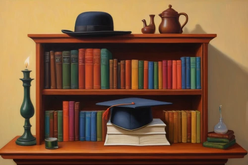 bookshelves,bookcase,books,doctoral hat,coffee and books,bookshelf,bookshop,tea and books,book collection,the books,still life,book store,carol colman,music books,the gramophone,stovepipe hat,book wall,bowler hat,books pile,oil painting,Illustration,Retro,Retro 16