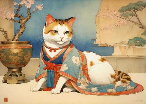 japanese bobtail,japanese art,oriental painting,chinese pastoral cat,calico cat,vintage cat,lucky cat,vintage cats,oriental princess,chinese art,domestic cat,dongfang meiren,japanese culture,vintage art,kitsune,cool woodblock images,oriental girl,ikebana,plum blossoms,flower cat,Illustration,Paper based,Paper Based 23