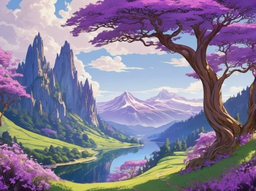 purple landscape,landscape background,jacaranda,mountain landscape,fantasy landscape,mountain scene,jacaranda trees,lilac tree,mountainous landscape,defense,japanese sakura background,nature landscape,mountain world,forest landscape,elven forest,sakura trees,the landscape of the mountains,beautiful landscape,cartoon video game background,fairy world,Illustration,Retro,Retro 08