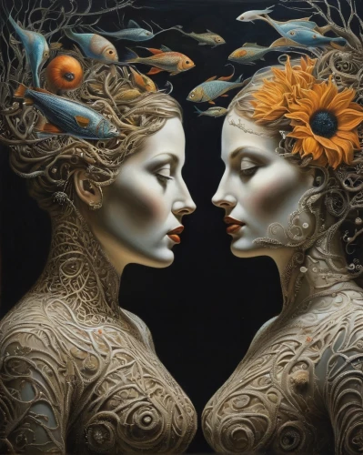 sirens,gemini,secret garden of venus,birds of the sea,the three graces,mirror of souls,mirror image,mermaids,surrealism,fractals art,dualism,songbirds,two fish,adam and eve,symbiotic,mermaid vectors,amorous,two girls,the zodiac sign pisces,bodypainting,Illustration,Realistic Fantasy,Realistic Fantasy 40