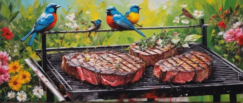 painted grilled,bird painting,garden birds,barbecue,edible parrots,oil painting on canvas,colorful birds,oil painting,barbeque,food for the birds,chicken barbecue,passerine parrots,tropical birds,bird food,outdoor grill,art painting,grilling,summer bbq,barbeque grill,barbecue grill,Conceptual Art,Graffiti Art,Graffiti Art 02