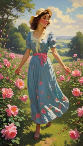 girl in flowers,girl picking flowers,girl in the garden,way of the roses,springtime background,blooming field,picking flowers,spring background,falling flowers,field of flowers,flower background,blooming roses,flower painting,free land-rose,flowering meadow,splendor of flowers,woman walking,little girl in wind,meadow in pastel,floral greeting,Illustration,Retro,Retro 02