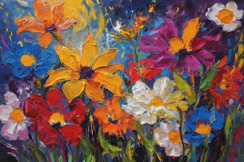 flower painting,blanket of flowers,abstract flowers,bright flowers,wildflowers,colorful flowers,wild tulips,wild flowers,summer flowers,barberton daisies,flower meadow,spring flowers,flowers field,blanket flowers,wildflower meadow,scattered flowers,flower mix,african daisies,pansies,may flowers,Conceptual Art,Oil color,Oil Color 21