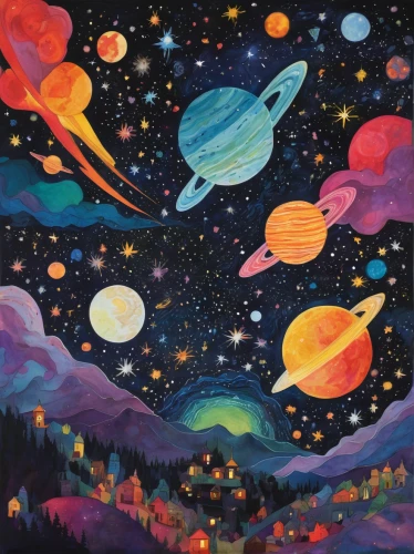 planets,space art,outer space,colorful stars,solar system,space,astronomy,universe,star balloons,cosmos field,cosmos,astronomers,starscape,hanging stars,falling stars,the universe,cluster ballooning,orbiting,planetary system,astronomical,Illustration,Paper based,Paper Based 21
