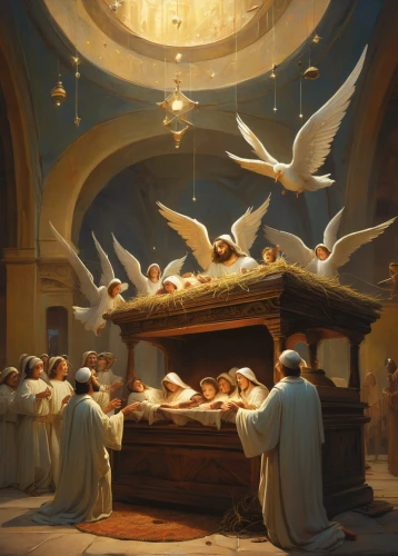 doves of peace,the manger,doves and pigeons,nativity,pigeons and doves,pentecost,a flock of pigeons,church painting,dove of peace,nativity of christ,resting place,doves,nativity of jesus,empty tomb,white pigeons,communion,eucharist,holy supper,pigeons,christ feast,Illustration,Realistic Fantasy,Realistic Fantasy 28