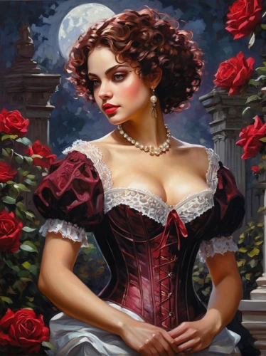 victorian lady,red roses,romantic portrait,romantic rose,red rose,queen of hearts,rosa,with roses,rosebushes,wild roses,scent of roses,old country roses,lady in red,corset,way of the roses,rococo,noble roses,victorian style,bodice,noble rose,Conceptual Art,Oil color,Oil Color 10